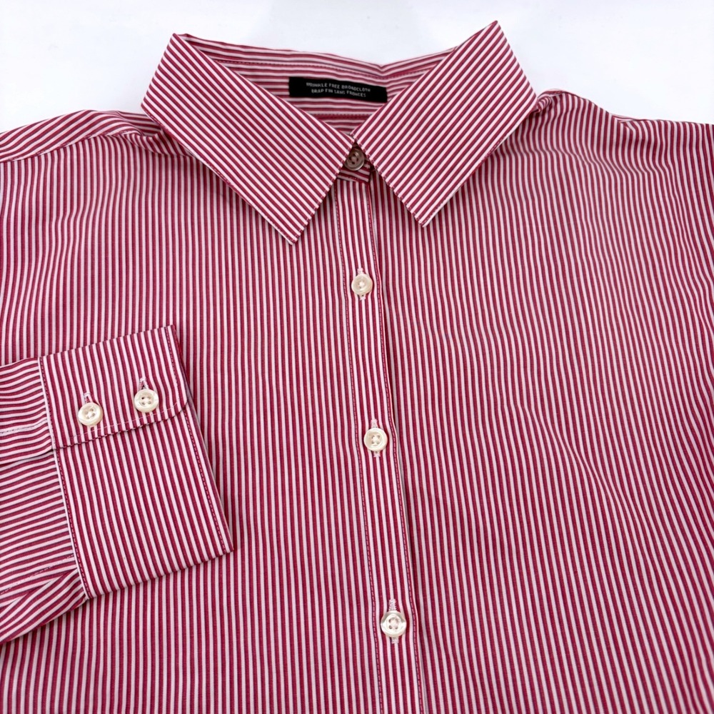Lands' End Red White Pinstripe Wrinkle Free Broadcloth Button Down Shirt Size 14